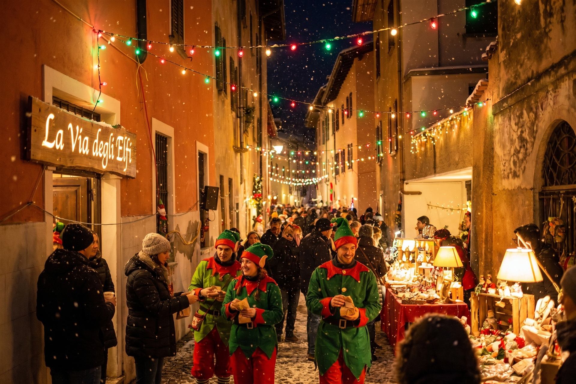 Tre Elfi camminano nella via illuminata a festa, tra luci, neve e bancarelle natalizie