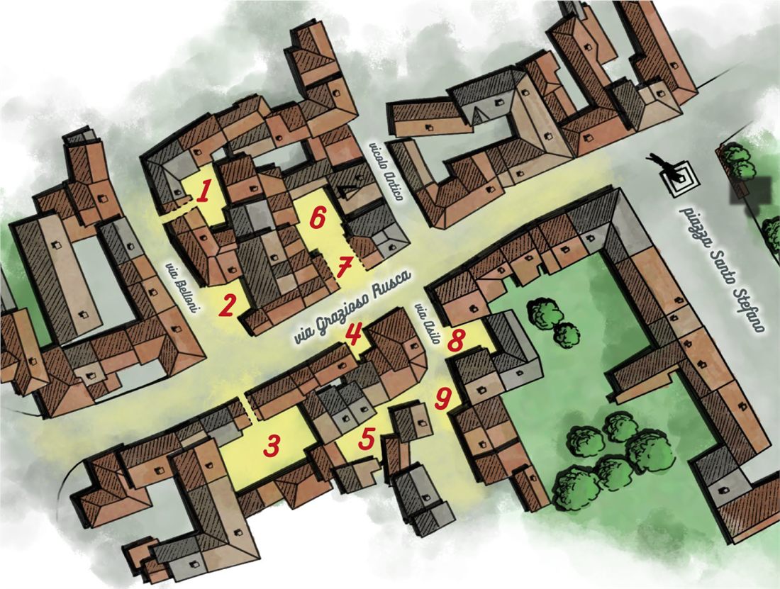 Mappa illustrata della Via degli Elfi con le 9 corti numerate: via Belloni, vicolo Antico, via Grazioso Rusca, via Asilo e piazza Santo Stefano